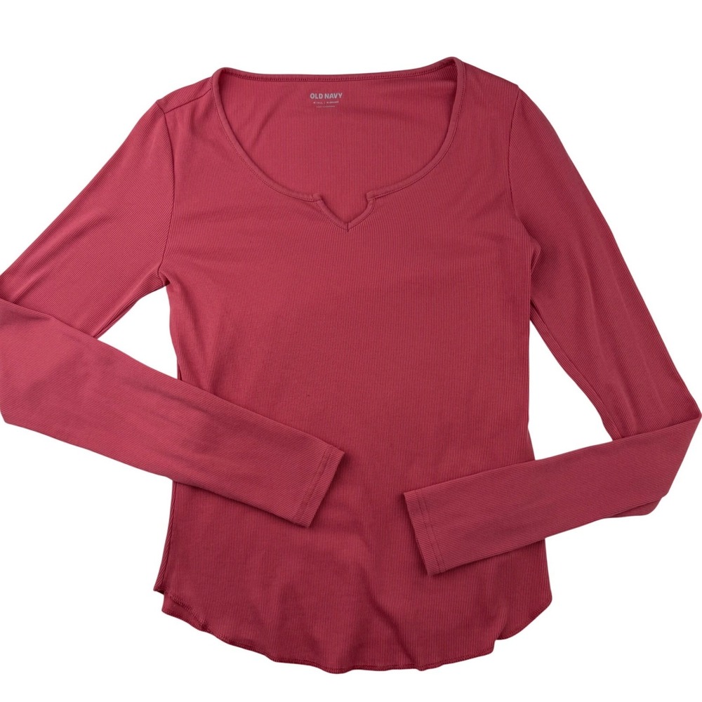 Old Navy Long Sleeve Top Split Neck Ribbed Knit Curved Hem Rose Pink Tall Size M - Picture 3 of 16